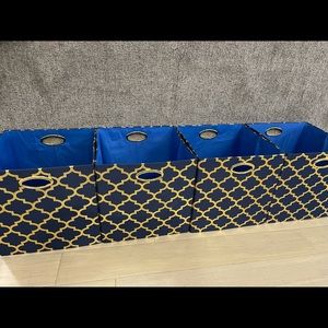 Set of 4 blue and gold canvas storage bins